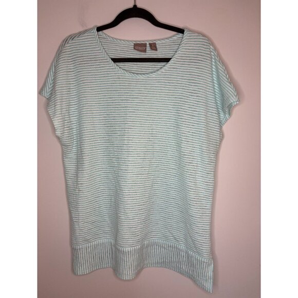 CHICO'S Striped Short Slv Knit Top Womens XL (3) Aqua White Knit Stretch - Picture 4 of 6